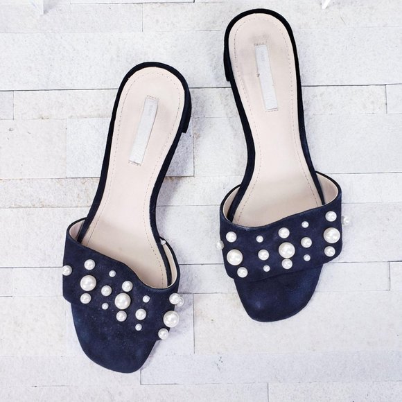 H&M Sandal Premium Black Suede Pearl Mules Slides 7 - Picture 6 of 11